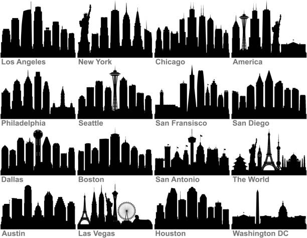 미국 도시 (모든 건물은 완전하고 이동 가능) - london england skyline silhouette built structure stock illustrations