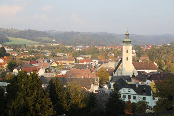 Old town and tower of Grein by Danube River\nAustria