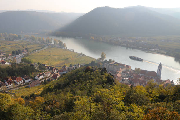 Wachau valley along Danube River Wachau valley along Danube River, Austria
The Wachau flanks the Danube for about 20 miles.  The region’s mild climate and its favorable soils ensure that Wachau wines are both highly distinctive and of outstanding quality. danube valley stock pictures, royalty-free photos & images