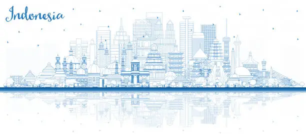 Vector illustration of Outline Indonesia Cities Skyline with Blue Buildings and Reflections.