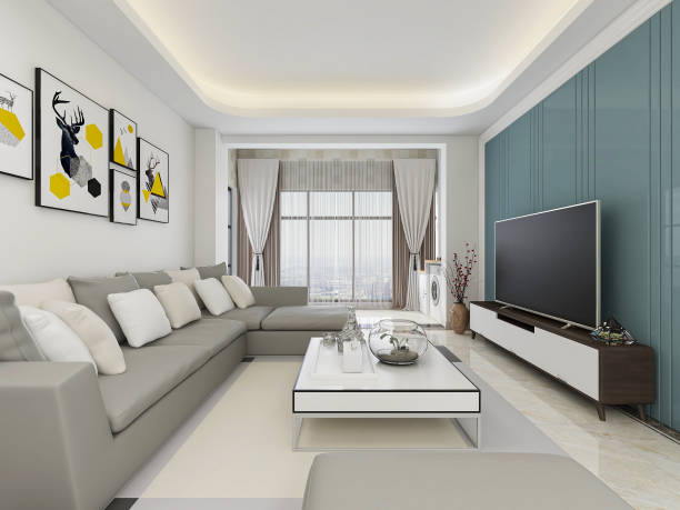 istock 3D rendering, clean and neat living room with sofa and illustration 1213409550
