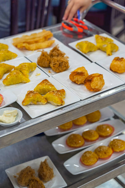 Delicious deep-fried wonton and shrimp ball in Hong Kong dimsum restaurant