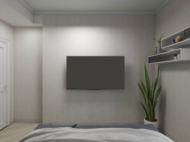 istock 3D rendering, comfortable and clean bedroom with bed, TV and green plants, etc. 1213416883