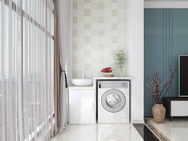 istock 3D rendering, floor-to-ceiling window design of enclosed balcony, washing machine, etc. 1213417242