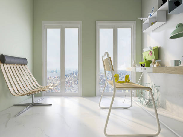 istock 3D rendering, enclosed balcony design with tables, green plants, etc. 1213422029