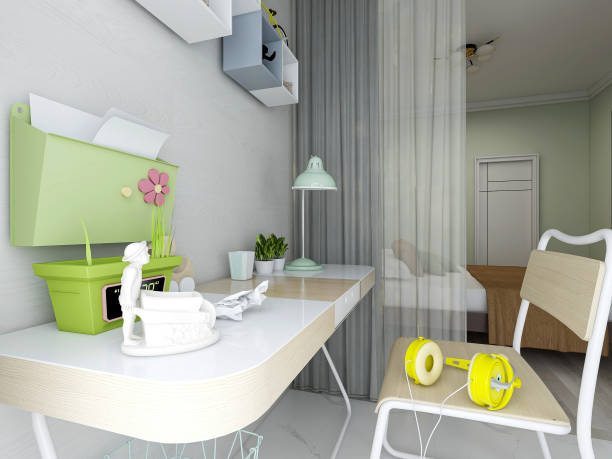 istock 3D rendering, enclosed balcony design with tables, green plants, etc. 1213422037
