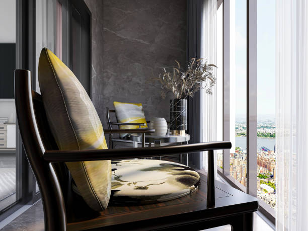 istock 3D rendering, enclosed balcony design with tables, green plants, etc. 1213422044