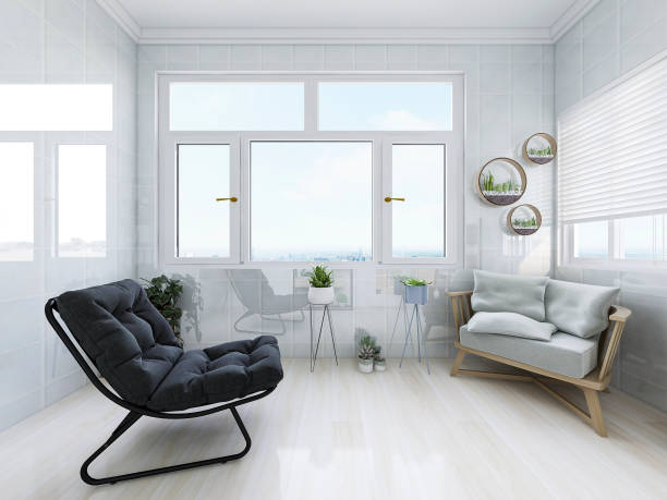 istock 3D rendering, enclosed balcony design with tables, green plants, etc. 1213422056