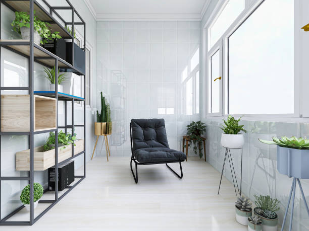 istock 3D rendering, enclosed balcony design with tables, green plants, etc. 1213422071