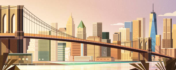 illustrazioni stock, clip art, cartoni animati e icone di tendenza di scena della città del ponte di brooklyn - east river immagine