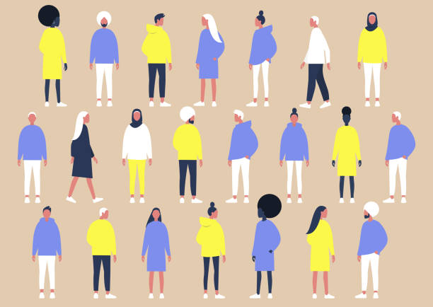 коллекция разнообразных персонажей разного пола и национальности, плоский векторный набор людей - в полный рост иллюстрации stock illustrations