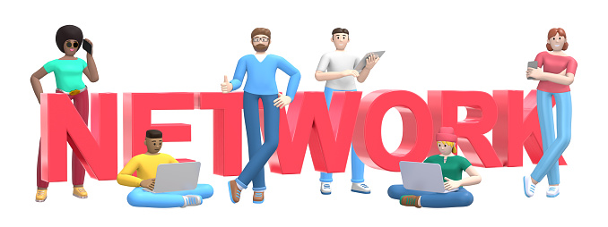 Word network on white background. Group of young multicultural successful people with laptop, tablet, phone. Horizontal banner cartoon character and website slogan. 3D rendering.