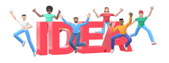 The word idea on a white background. Group of young multicultural happy people jump and dance together. Horizontal banner cartoon character and website slogan. 3D rendering.