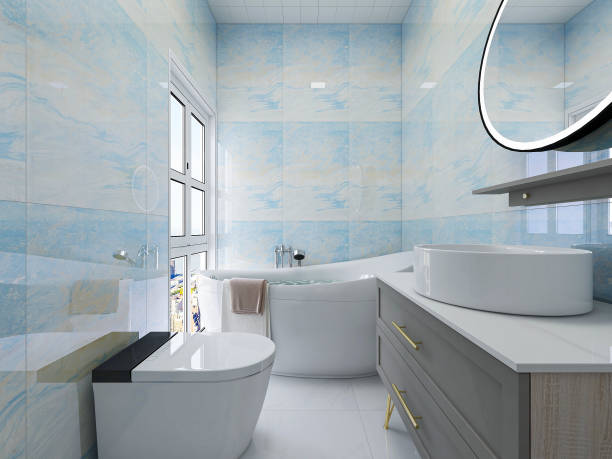 istock 3D rendering, blue bathroom with bathtub, sink, toilet, etc. 1213424458
