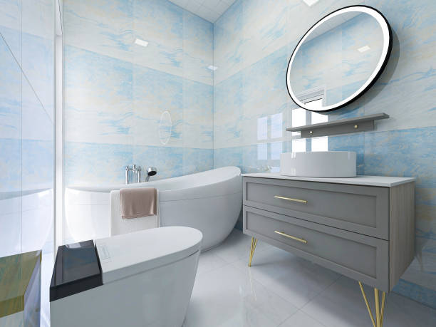 istock 3D rendering, blue bathroom with bathtub, sink, toilet, etc. 1213424459