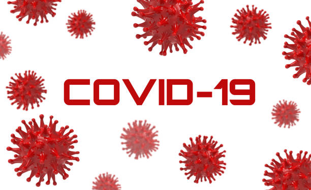 Covid-19 banner. Red virus bacteria cells 3D render background image on white background. Flu, influenza, coronavirus model illustration stock photo