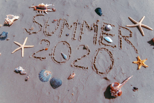 istock summer 2020 text on sand beach shells and starfish around. overhead 1213428621