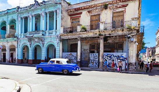 Havana, Cuba - October 03, 2018: American blue 1949 Chevrolet Deluxe vintage car drive on the famous Main Street in the old town from Havana City Cuba - Serie Cuba Reportage
