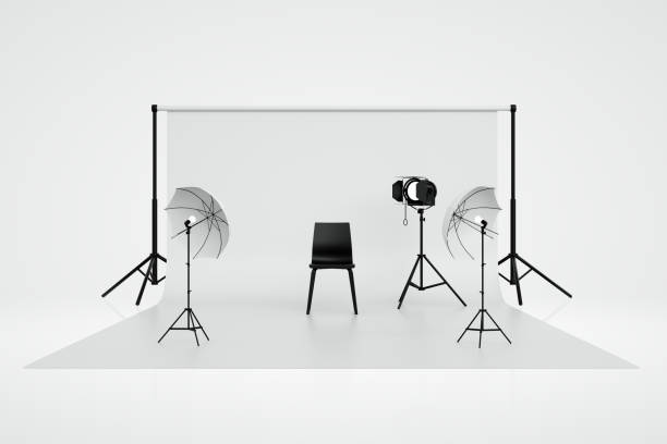 istock Empty Photo studio with lightning equipment, White Background 1213429877
