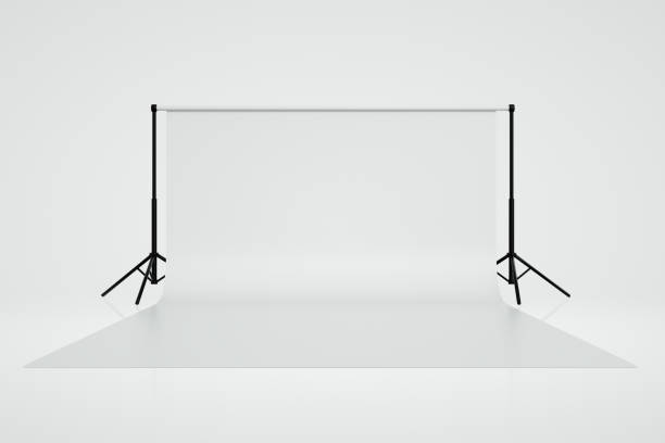 Empty Photo studio Backdrop, White Background 3d render of empty photo studio with lightning equipment, White and black colors. stage set stock pictures, royalty-free photos & images