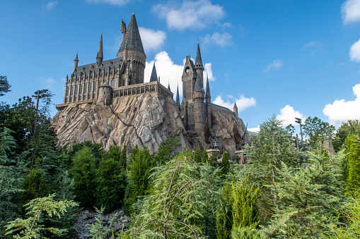 Orlando, Florida, USA - September 06 2018: Hogwarts Castle at the Wizarding World of Harry Potter, part of Universal Studios in Florida.