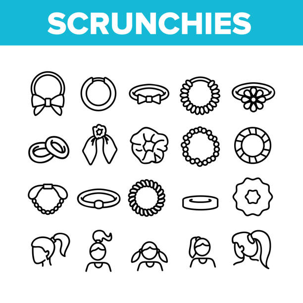 haar scrunchies bands kollektion icons set vektor - pferdeschwanz stock-grafiken, -clipart, -cartoons und -symbole