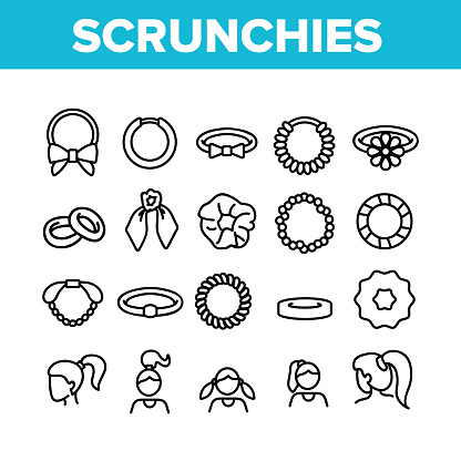 Hair Scrunchies Bands Collection Icons Set Vector. Hair Scrunches Headband Fabric Elastic Accessory Decorated Bow And Flower Concept Linear Pictograms. Monochrome Contour Illustrations