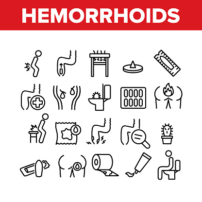 Hemorrhoids Disease Collection Icons Set Vector. Hemorrhoids Ache And Pain, Inflammation And Treatment Pills, Paper Roll And Cream Concept Linear Pictograms. Monochrome Contour Illustrations