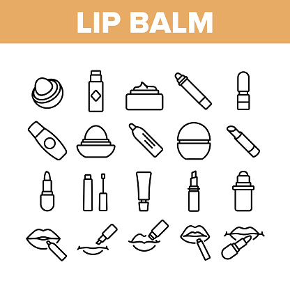 Lip Balm Cosmetic Collection Icons Set Vector. Lip Balm Package And Containers, Tube And Lipstick Fashion Beauty Accessory Concept Linear Pictograms. Monochrome Contour Illustrations