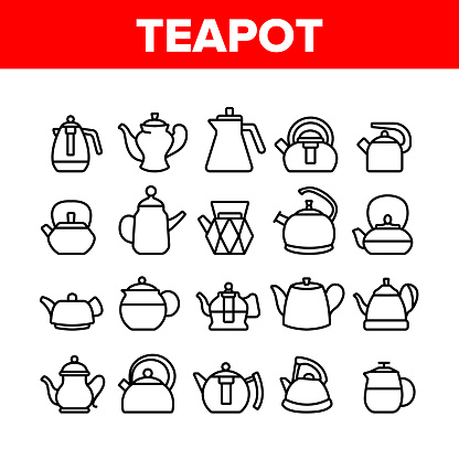 Teapot Kitchen Utensil Collection Icons Set Vector. Teapot Tool For Boiling Tool, Tea And Coffee Maker Household Device In Different Form Concept Linear Pictograms. Monochrome Contour Illustrations