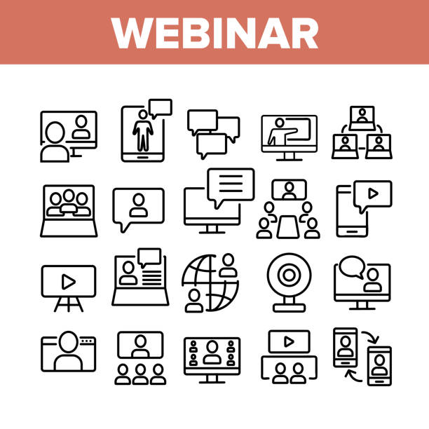 Webinar Education Collection Icons Set Vector Webinar Education Collection Icons Set Vector. Internet Online Webinar, Video Seminar And Conference, Computer And Smartphone Concept Linear Pictograms. Monochrome Contour Illustrations assignment logo stock illustrations