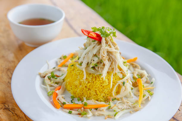 Close up shot of yellow rice with shredded chicken
