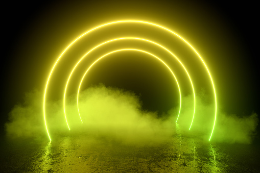 3d Abstract Background With Ultraviolet Neon Lights Empty Frame Cosmic  Landscape Glowing Tunnel Door With Smoke Stock Photo - Download Image Now -  iStock