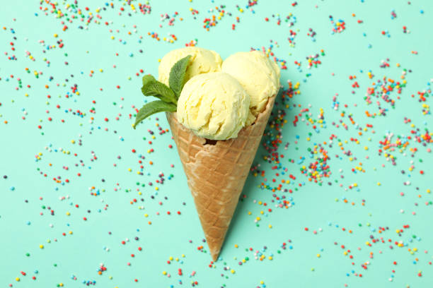 istock Ice cream with mint on mint background. Sweet food 1213432779