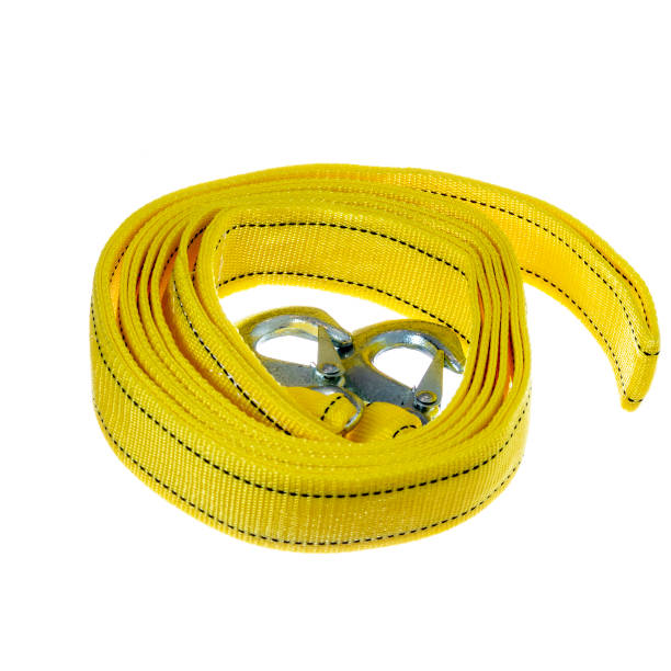istock Towing rope / strap in yellow with a metal hook 1213433022