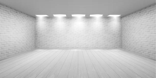 Empty room with white brick walls in studio Empty room with white brick walls, wooden floor and ceiling lamps. Vector realistic 3d interior of studio, modern museum or gallery hall. Template showroom for exhibition in loft style domestic room stock illustrations