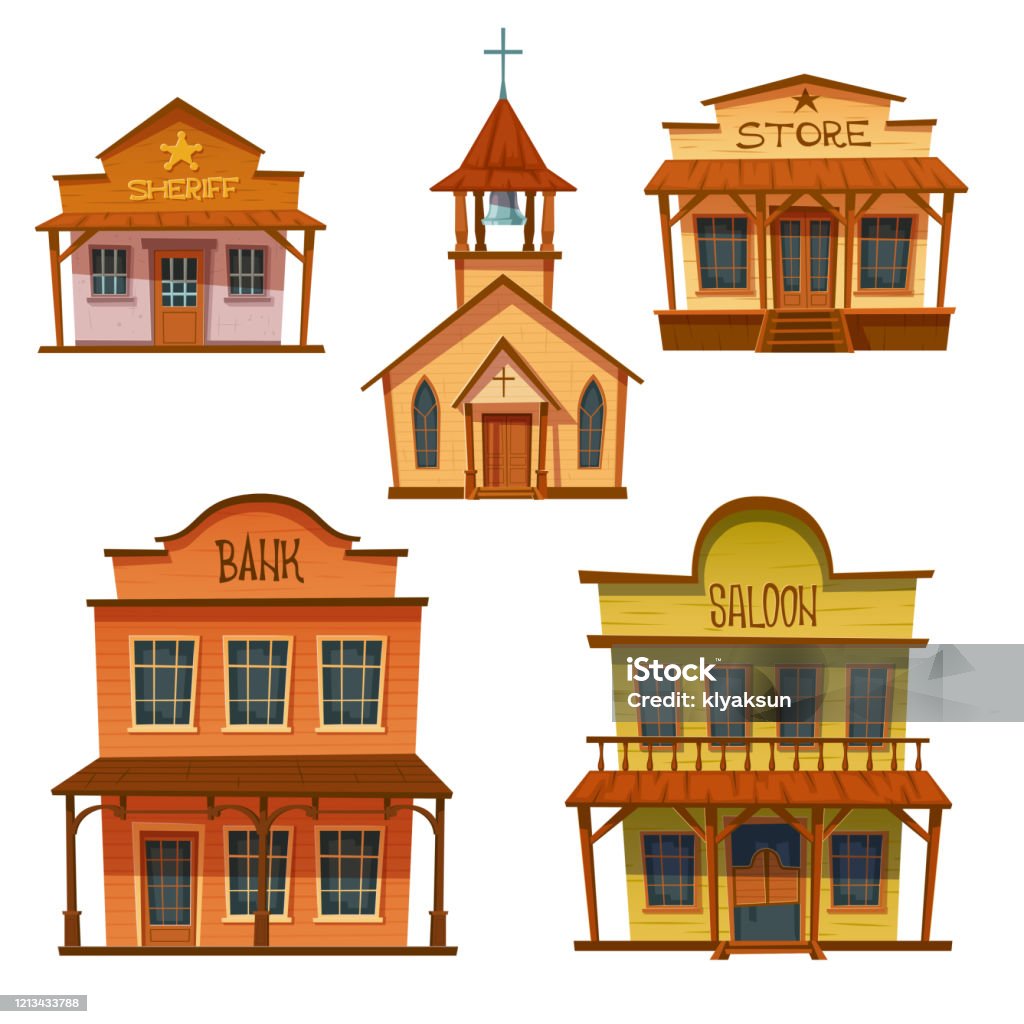 Wild West Buildings Set Cowboy Style Design Stock Illustration - Download  Image Now - Church, Group Of Objects, Building Exterior - iStock
