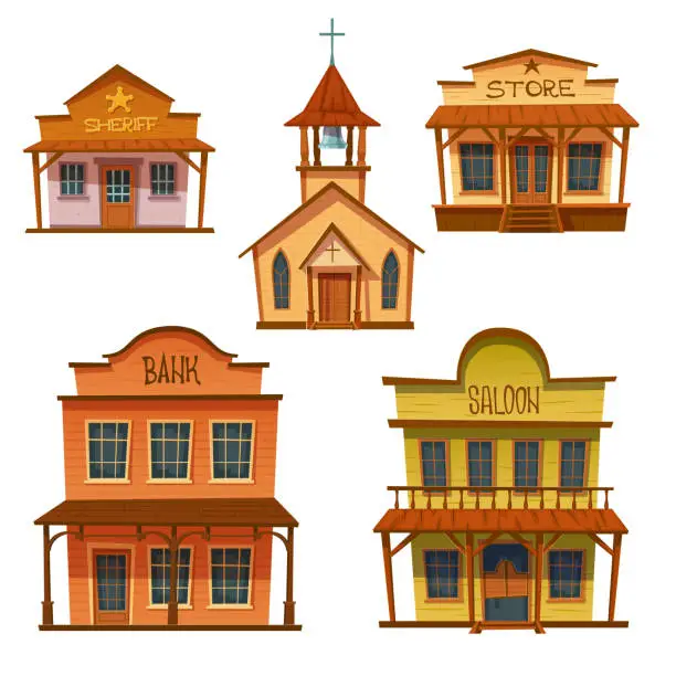 Vector illustration of Wild west buildings set, cowboy style design.