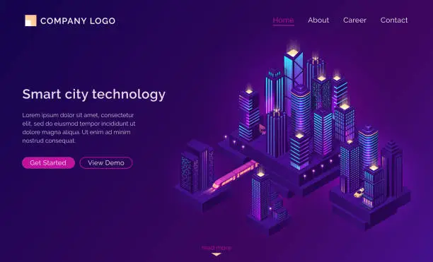 Vector illustration of Smart city technology with isometric town