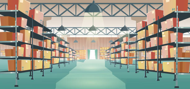 Warehouse interior with cardboard boxes on racks Warehouse interior with cardboard boxes on metal racks. Vector cartoon illustration of empty storage room interior with goods, cargo and parcels on shelves. Storehouse in store, garage, market clothes hanger storage stock illustrations