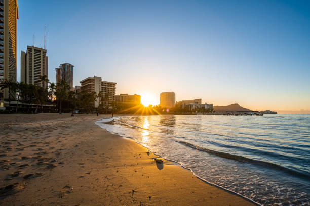 View of a sunrise over Waikiki Beach on a clear day.