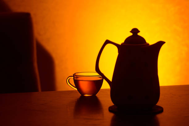 teapot and teacup silhouette in orange colors