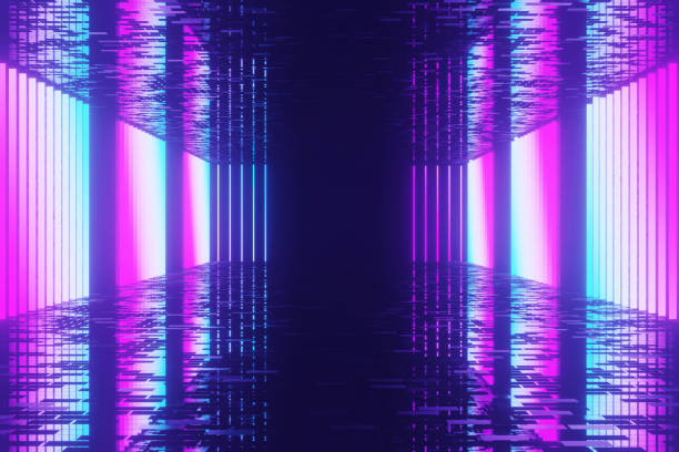 istock Modern futuristic neon abstract background. Large object in the center, space background. Dark scene with neon light. Reflection of light on a wet surface. 1213439012