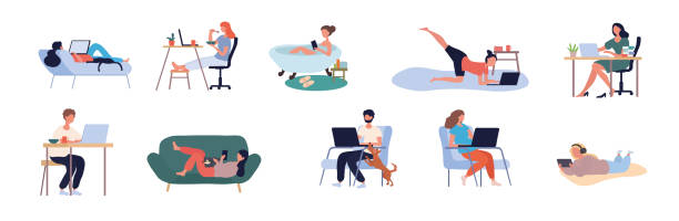 Collection of diverse people using the internet Collection of ten diverse people browsing the internet using assorted digital devices form business and leisure isolated on white for design elements, vector illustration chair illustrations stock illustrations