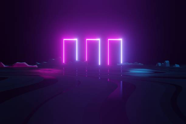 istock Modern futuristic neon abstract background. Large object in the center, space background. Dark scene with neon light. Reflection of light on a wet surface. 1213439284
