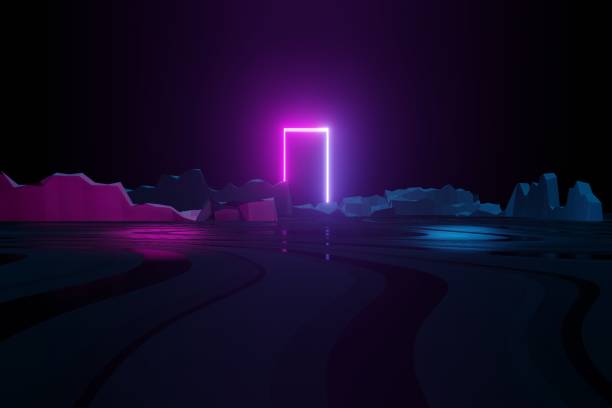 istock Modern futuristic neon abstract background. Large object in the center, space background. Dark scene with neon light. Reflection of light on a wet surface. 1213439296