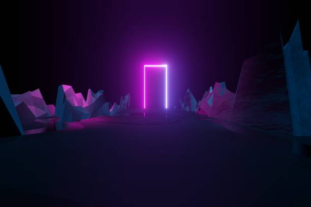istock Modern futuristic neon abstract background. Large object in the center, space background. Dark scene with neon light. Reflection of light on a wet surface. 1213439300