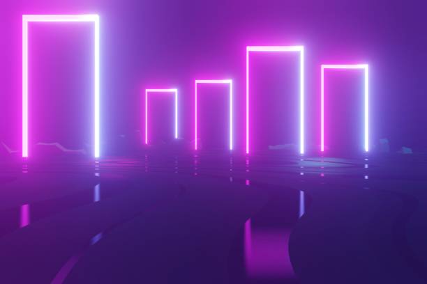 istock Modern futuristic neon abstract background. Large object in the center, space background. Dark scene with neon light. Reflection of light on a wet surface. 1213439343
