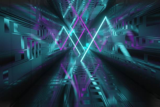 istock Modern futuristic neon abstract background. Large object in the center, space background. Dark scene with neon light. Reflection of light on a wet surface. 1213439384