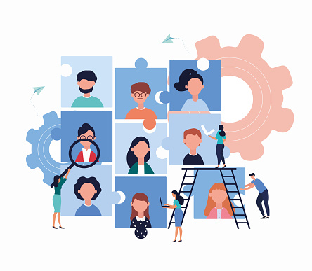 Company employment vacancy and human resources concept with an interlocking graph of jigsaw puzzle pieces showing diverse people and business personnel conducting a search head hunting, vector